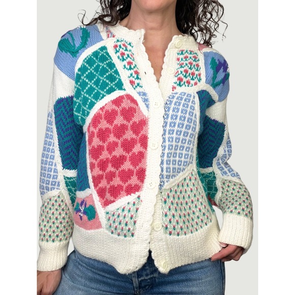 Orvis Sweaters - Vintage Orvis Patchwork Cardigan Sweater Floral Heart Knit Ramie Cotton S